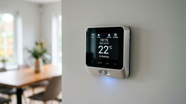 Modern digital smart thermostat displaying temperature settings on a wall inside a bright contemporary residential home