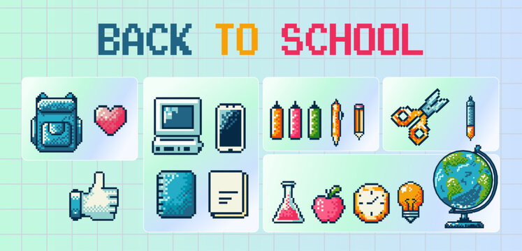 A back to school pixel art poster on graph paper featuring school supplies, globe, computer and lightbulb icons in a retro 8 bit style.