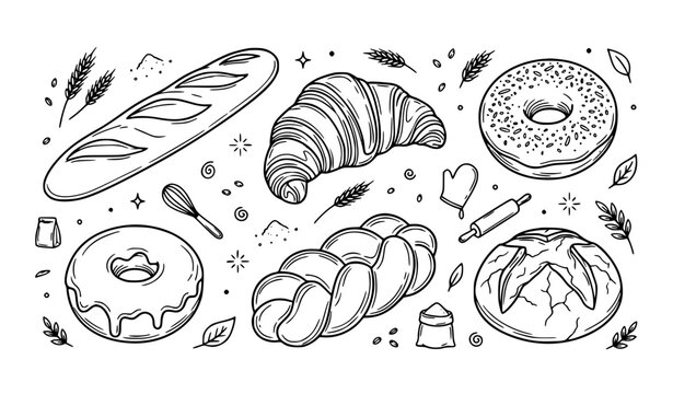 Bakery and Bread Line Art Icons Set, Fresh Pastry, French Croissant, Baguette, Donut and Baking Ingredients Vector Pack
