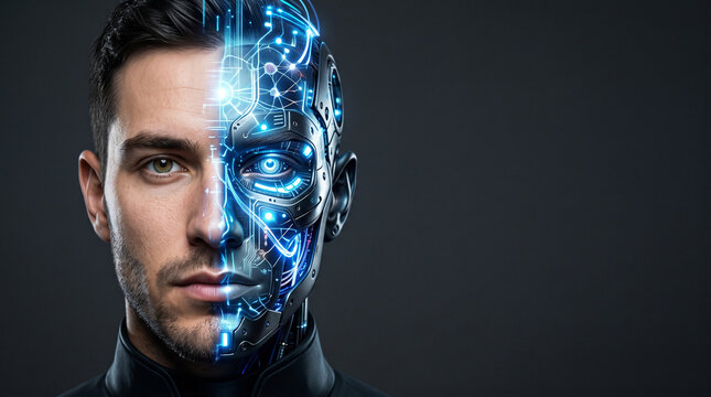 Split face portrait of a man and a robot showing the transition from human skin to ad social media download thambnail poster web template event festival 2026 2027 2028
