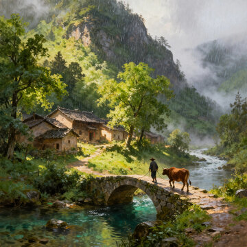 Farmer And Ox Cross Stone Bridge In Mountain Village