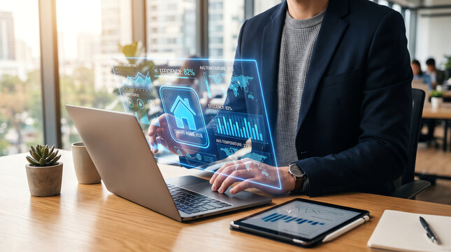 Professional businessman working on a laptop in a modern office with digital data visualization overlays and financial charts on the screen