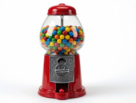 Classic red gumball machine filled with colorful round candy. Vintage style bubblegum dispenser with transparent glass globe on white background. Retro vending machine shows bright sweets inside