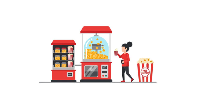Flat Vector Illustration of a Woman with a Popcorn Maker Machine and Snacks