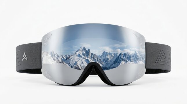 Professional ski goggles with mirrored lens reflecting snowy mountain peaks isolated against a plain white background