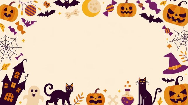 Halloween decorative border frame with cute pumpkins cats ghosts and haunted house icons witch hat trick or treat