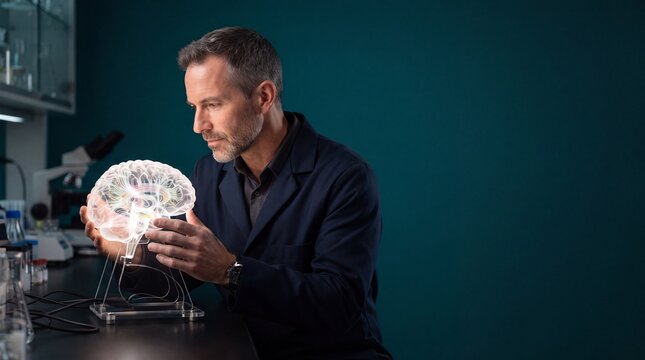 Scientist in a dark lab coat examining a glowing transparent 3d model of a human brain, ad social media download thambnail poster web template event festival 2026 2027 2028