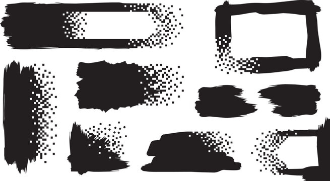 Assorted black ink brush stroke frames and rectangular borders with pixelated dispersion effects isolated on a white background set