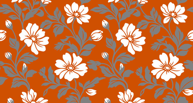 VECTORAL, Jpg, Png, ORANGE, GREEN, WHITE, Seamless Floral Pattern Design with Orange and Green Flowers on White Background for Carpet, Fabric, Textile, Wallpaper and Surface Decoration &ndash; Vector Illust