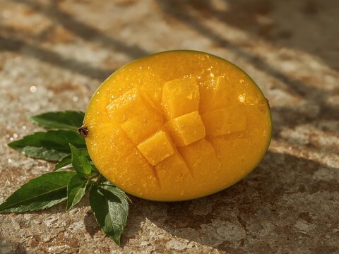 Generative AI portrays a ripe yellow mango with a fresh leafy accent