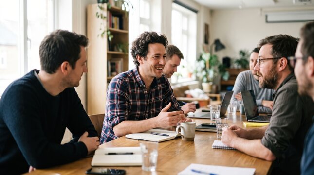 Men participating in discussion around wooden table, sharing ideas and smiling in bright office meeting room with notebooks, coffee, and teamwork