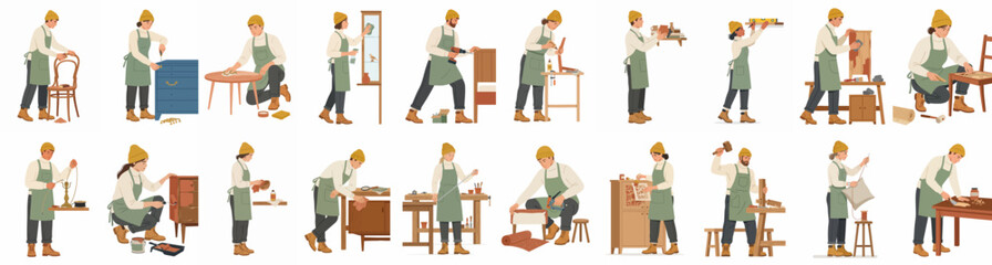 Fototapeta premium Collection of flat vector illustrations showing diverse craftsmen and craftswomen repairing, painting, and restoring wooden furniture, isolated on a white background.
