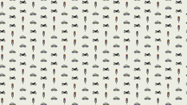 Seamless pattern of cars, motorcycles, and traffic lights