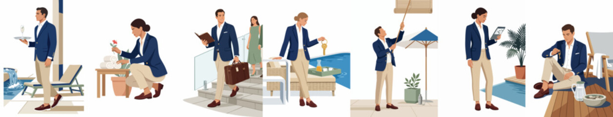 Fototapeta premium Professional hospitality staff illustrations showing various roles in a luxury hotel and resort setting with a focus on premium guest service excellence.
