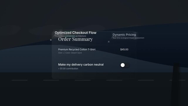 E-commerce checkout interface toggling carbon neutral delivery option followed by animated green truck driving at night emitting leaves representing eco-friendly sustainable logistics