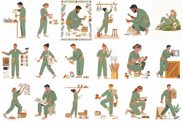 Fototapeta premium Vector illustrations set of diverse people in green jumpsuits performing various activities like cooking, gardening, and organizing in a minimalist flat style.