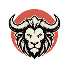 Fototapeta premium Stylized illustration of a fierce lion head with large horns inside a circular background.