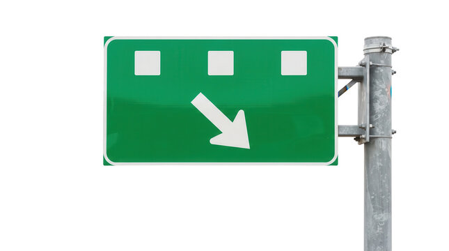 Green road sign with a downward directional arrow on a metal post directional information navigation transportation background infrastructure direction movement as transparent PNG