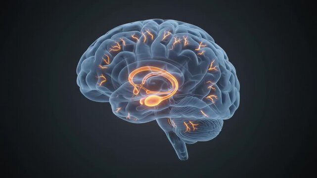 3D illustration of human brain anatomy showing internal structures and pathways