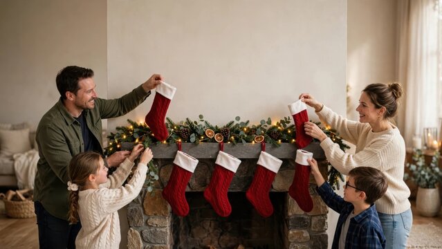 Family making paper chain countdown for Christmas linking colorful paper strips. Authentic candid moment of happy multi-generational family celebrating Christmas and winter holidays together at h