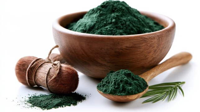 A close-up shot of vibrant green spirulina powder in a wooden bowl and spoon, with a small plant garnish