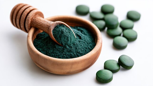 Spirulina powder in a wooden bowl with a scoop, next to spirulina tablets, on a white background