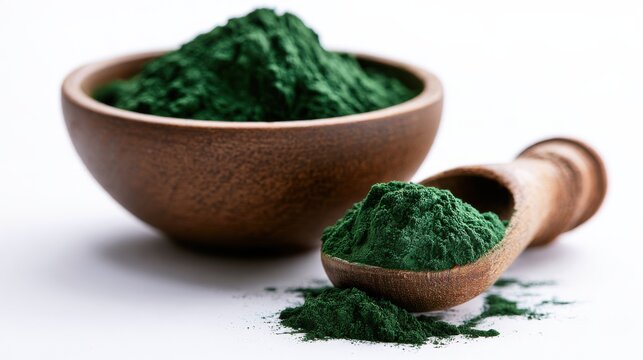 A vibrant green powder, likely spirulina or chlorella, is presented in a rustic wooden bowl and scoop, showcasing its fine texture and rich color. The image suggests health, nutrition.