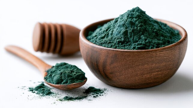 A wooden bowl and spoon filled with vibrant green spirulina powder, showcasing a healthy superfood