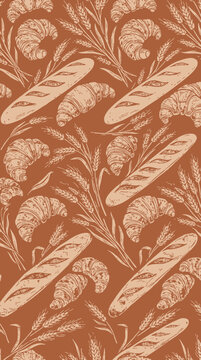 Loaf bread and croissant pattern with wheat stalks on brown