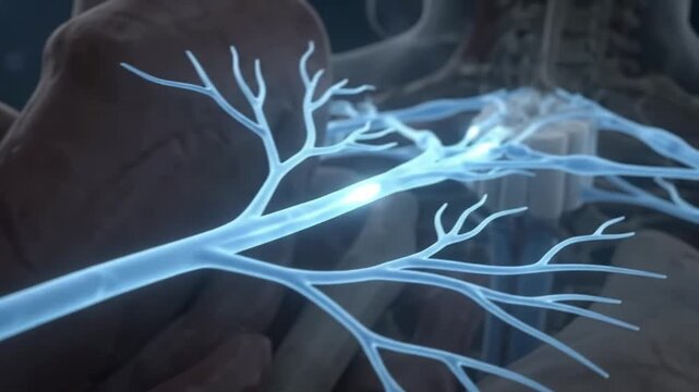 Abstract visualization of branching nerve pathways transmitting electrical impulses with blue light