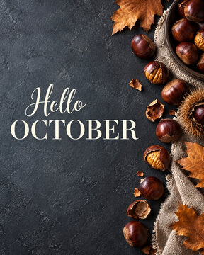 Autumn October greeting card with chestnuts, acorns, dried autumn leaves and &ldquo;Hello October&rdquo; typography on a dark textured background