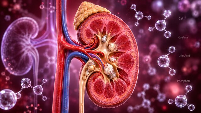 Detailed 3D medical illustration showing human kidney anatomy and the formation of various types of kidney stones and mineral crystals