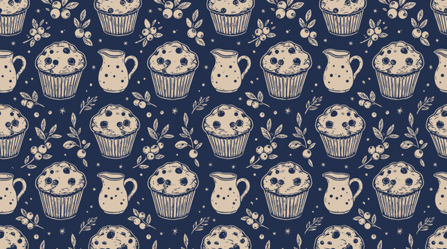 Cupcakes and Pitchers pattern on dark blue background