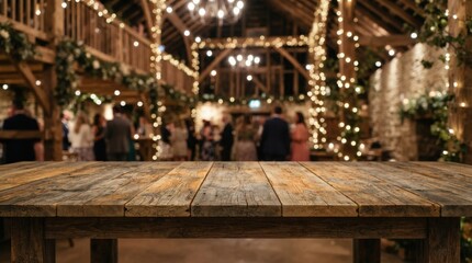 Fototapeta premium Cozy Rustic Barn Wedding Reception Rustic Wooden Table Top View Warm Lighting Atmosphere