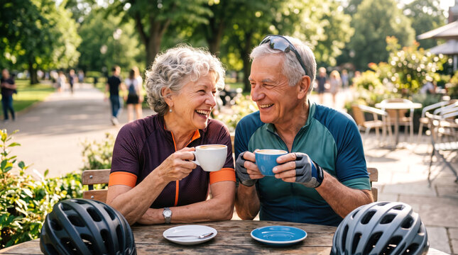 Senior Couple Drinking Coffee at Outdoor Cafe After Cycling Tour