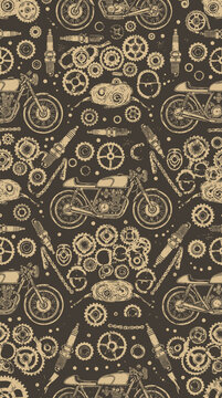 Motorcycle parts and tools pattern with gears and pistons