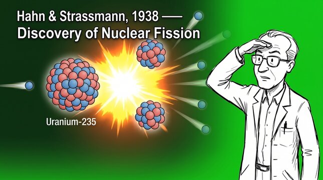 Educational illustration of nuclear fission showing a scientist and atom
