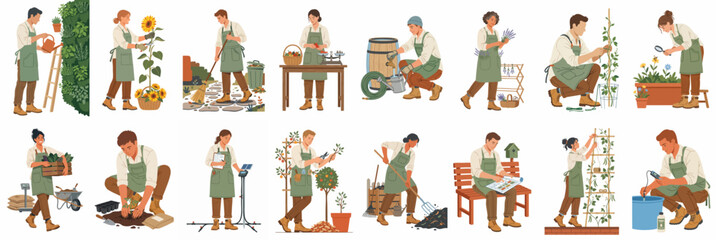 Fototapeta premium Collection of flat vector gardening illustrations showing diverse people performing various horticultural tasks like planting, pruning, watering, and harvesting.
