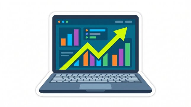 Laptop computer displaying colorful business analytics graphs and financial growth arrow