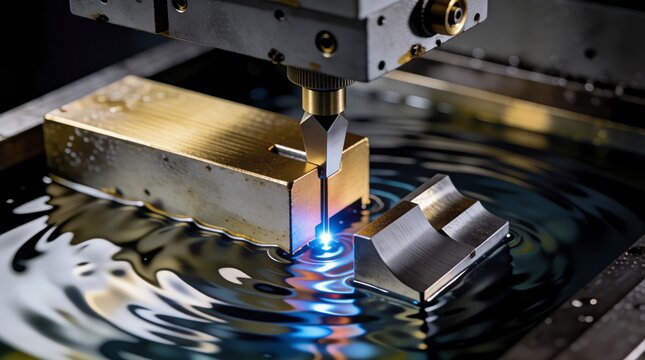 Wire EDM machine cutting a metal block submerged in dielectric fluid in a precision manufacturing plant.