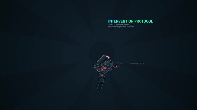 Futuristic HUD animation showing a systemic burnout warning followed by an intervention protocol and restoration phase leading to peak optimization representing mental health recovery
