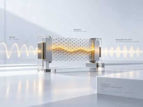 3D graphene terahertz modulator concept, translucent dual-layer graphene interface with glowing voltage-tuned Fermi level modulation vector with copy space