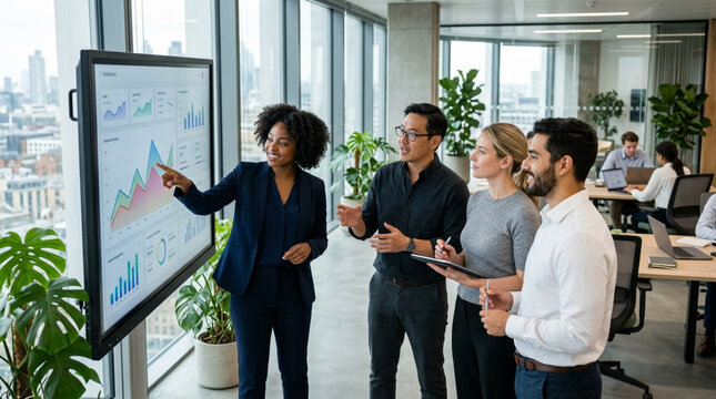 Diverse business team analyzing data on digital screen in modern office with city view.