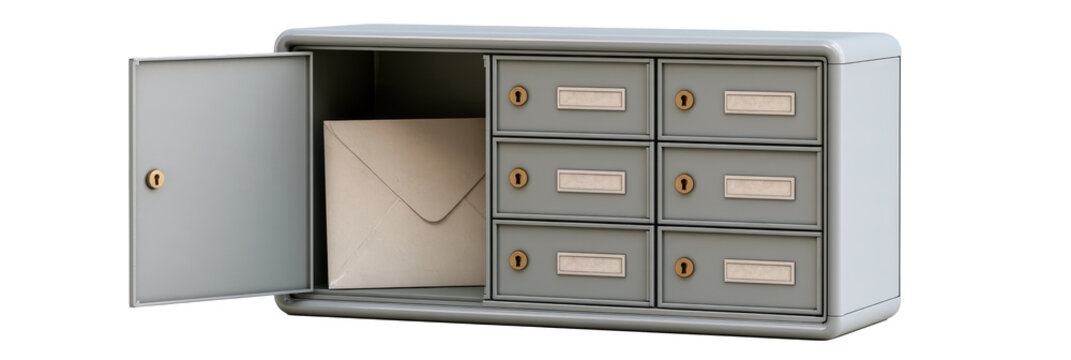 Modern parcel mailbox cabinet with multiple secure compartments and envelope inside open door isolated on white background