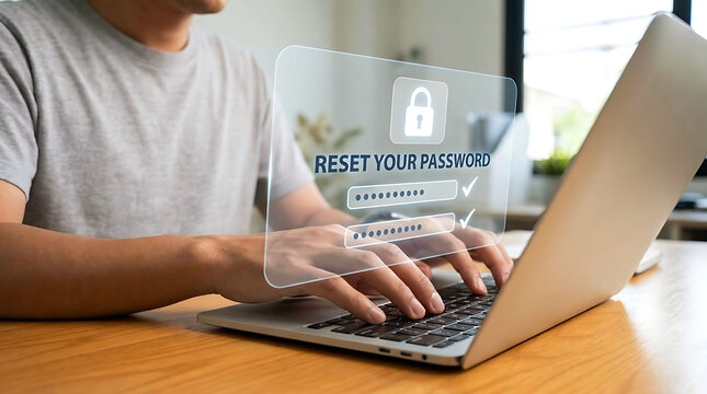 Man typing on laptop with digital reset password screen graphic interface