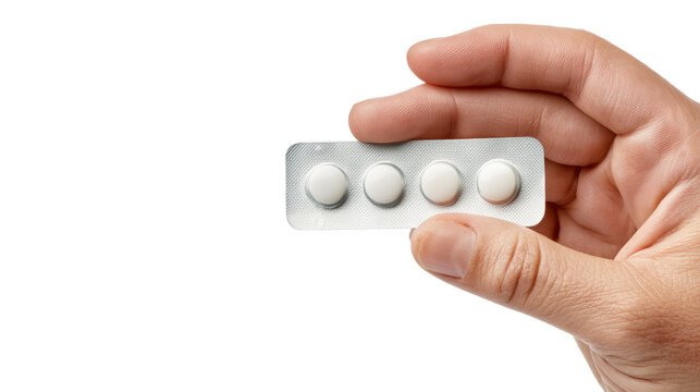 Hand holding blister pack with four white tablets isolated on clean white background with large copy space