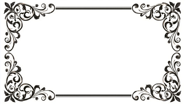 Elegant Black Floral Ornamental Frame with Vintage Filigree Corners and Large White Copy Space for Invitation or Certificate Design