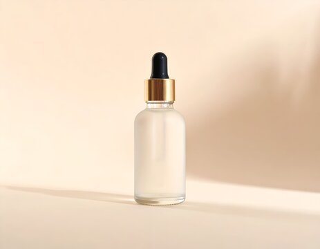 Skincare dropper bottle on minimalist beige background.