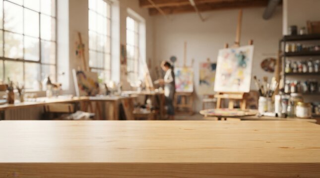 Brightly lit artist studio workspace with natural light showcasing a painter working on canvas ideal for creative, design, and marketing projects.