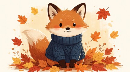 Fototapeta premium Cute cartoon fox wearing a blue knitted sweater sitting among autumn leaves on a light background